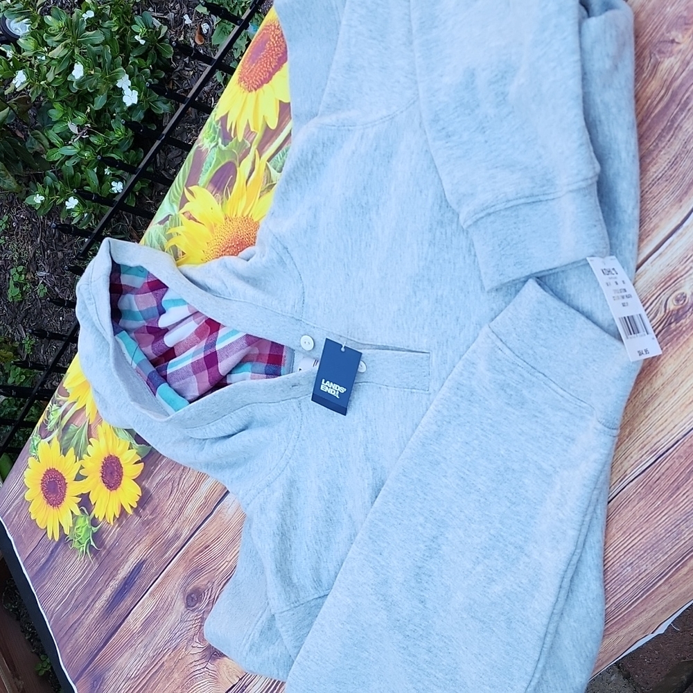 Lands' End Serious Sweats Sweatshirt w Plaid Hood